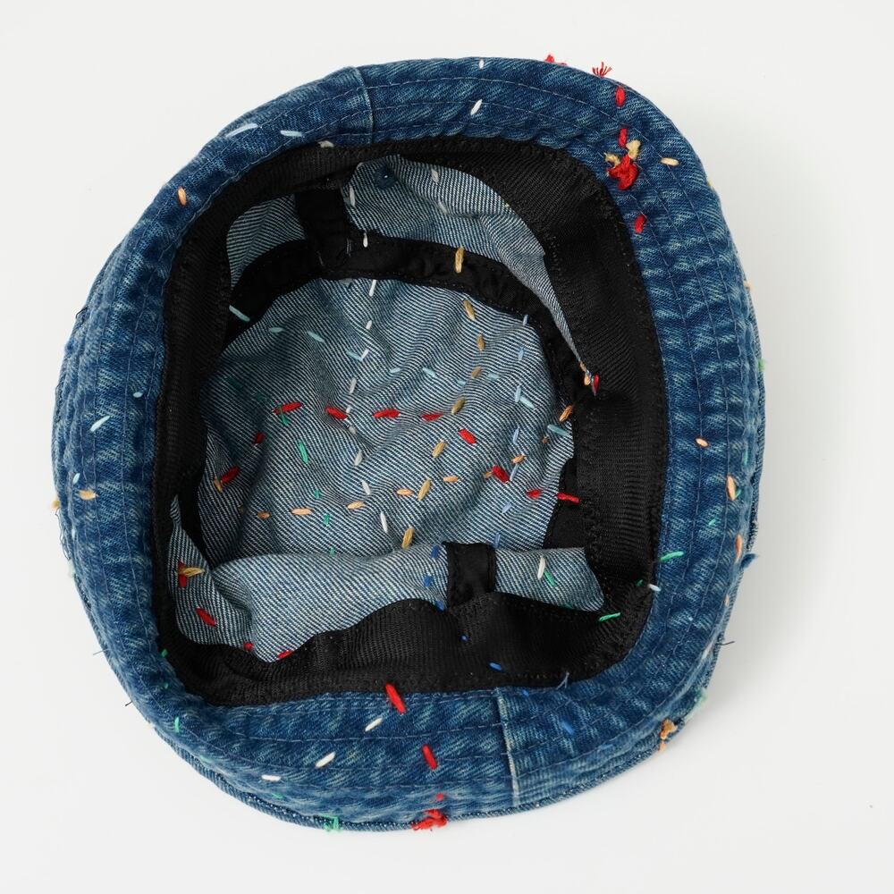 Hand-Stitched Sashiko Colorful Denim Bucket Hat Size S – Unique Artisan Hat - Picture 6 of 7